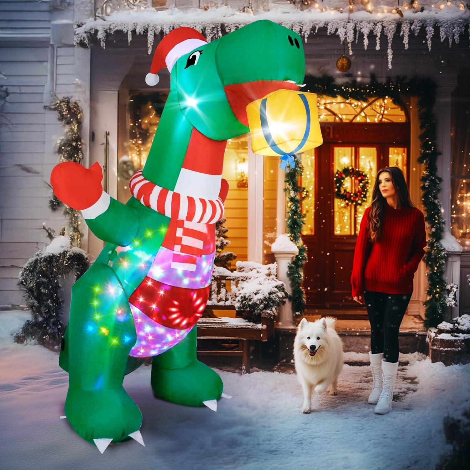 Inflatable dinosaur decoration with lights and a woman with a dog in front of a house decorated for Christmas.