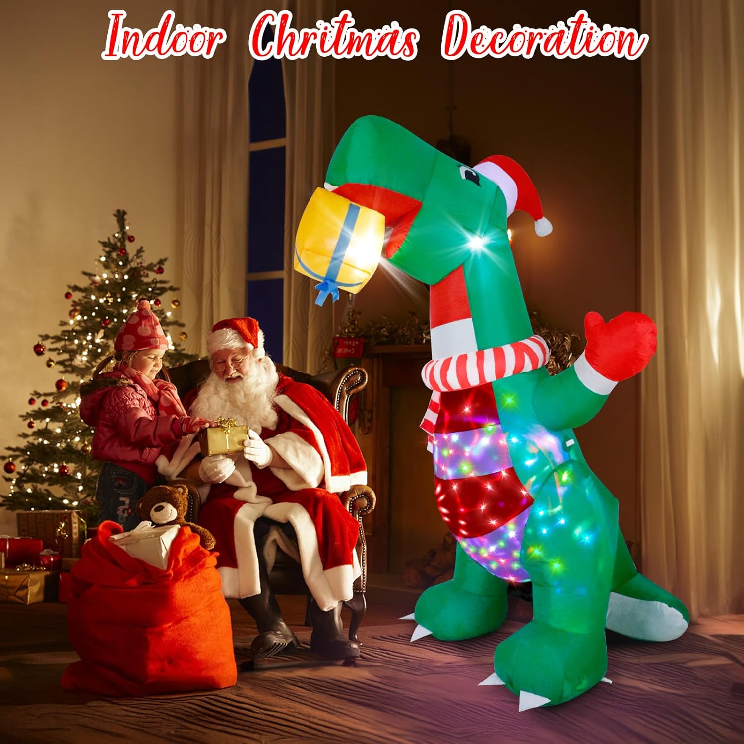 Inflatable dinosaur with lights next to Santa Claus and child in a decorated room.