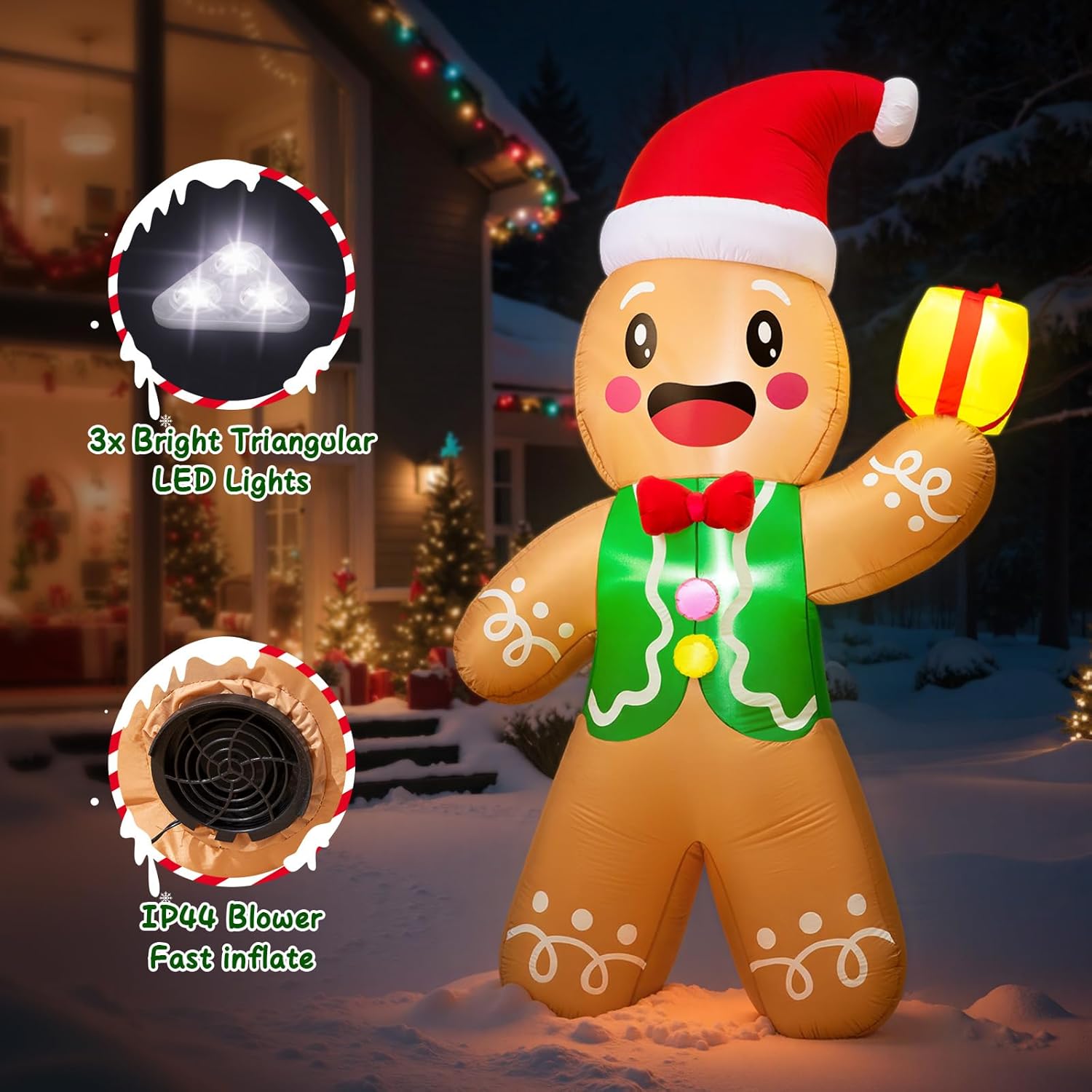 Inflatable gingerbread man decoration with LED lights and blower, set against a snowy outdoor background.