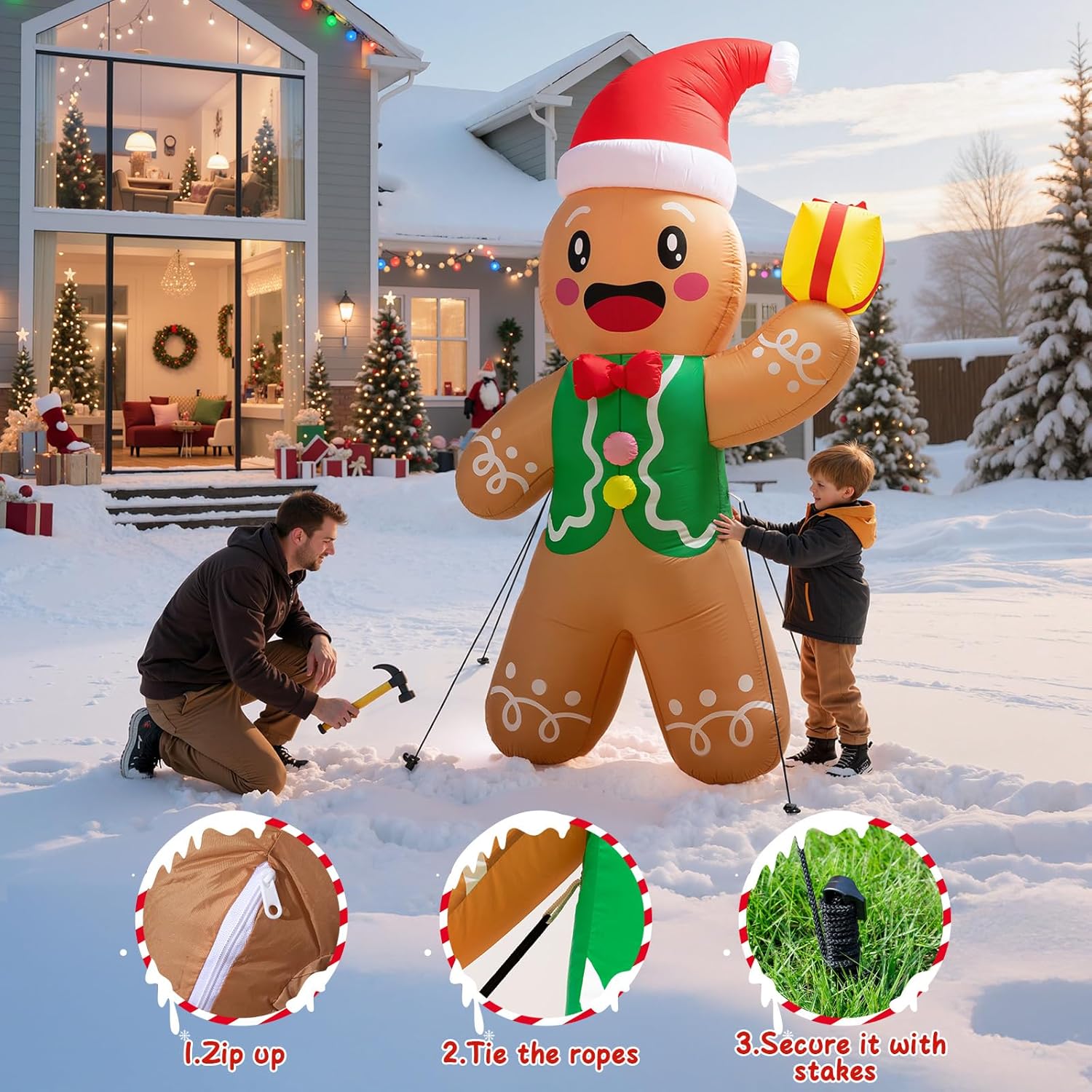 Inflatable gingerbread man decoration with a house in the background