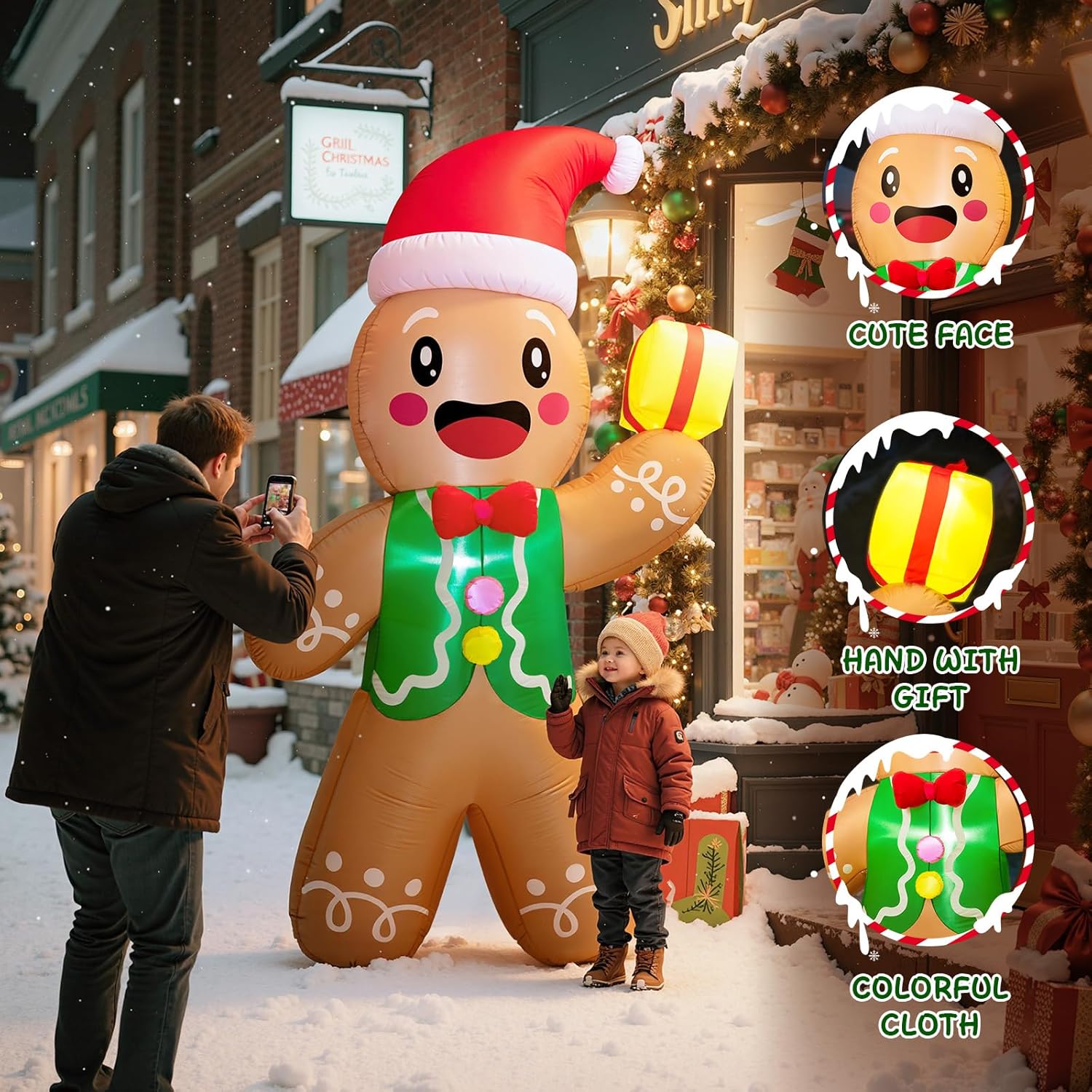 Inflatable gingerbread man decoration with animated faces and colorful clothing in a snowy street setting.