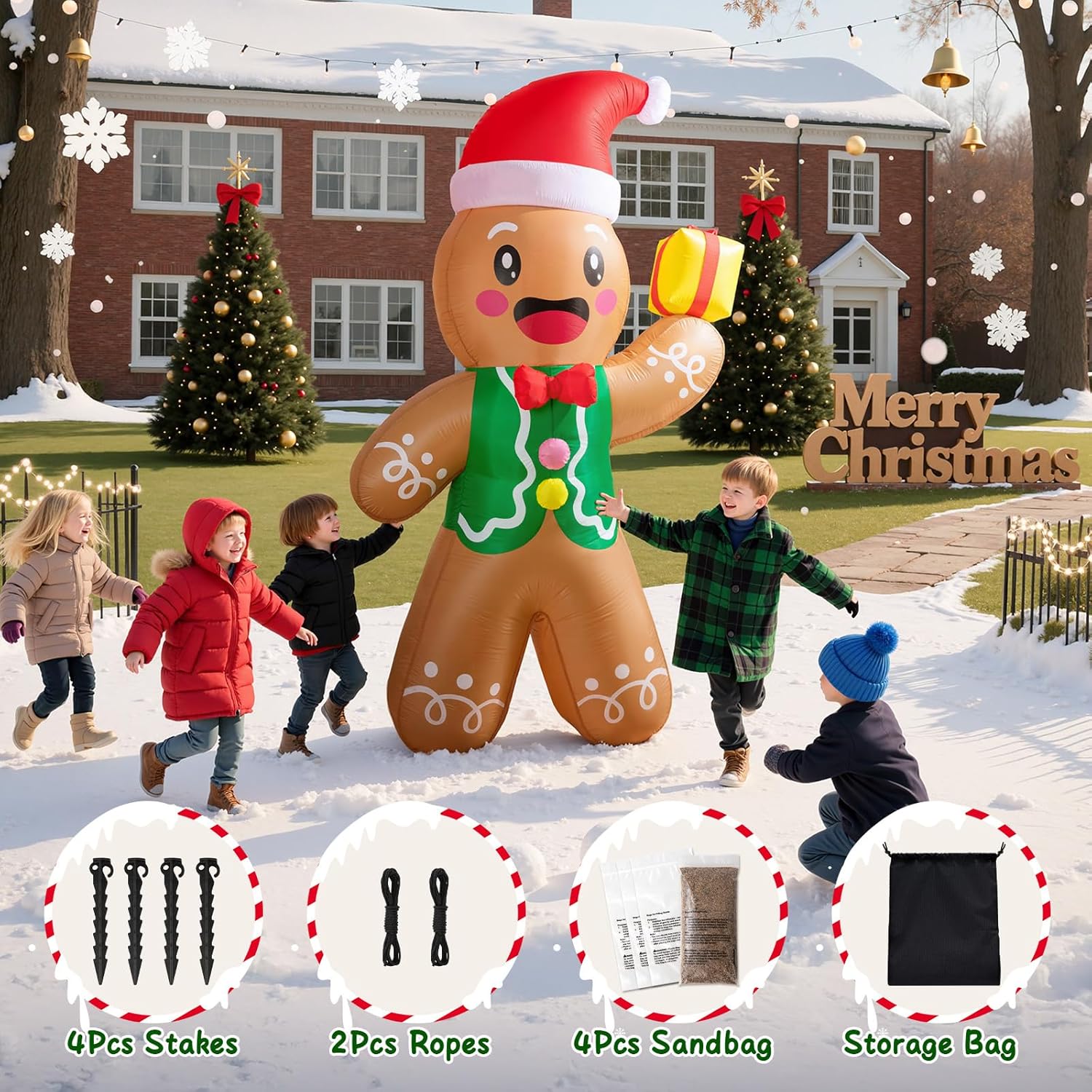 Inflatable gingerbread man decoration with children playing in the snow, Christmas trees, and house in the background.