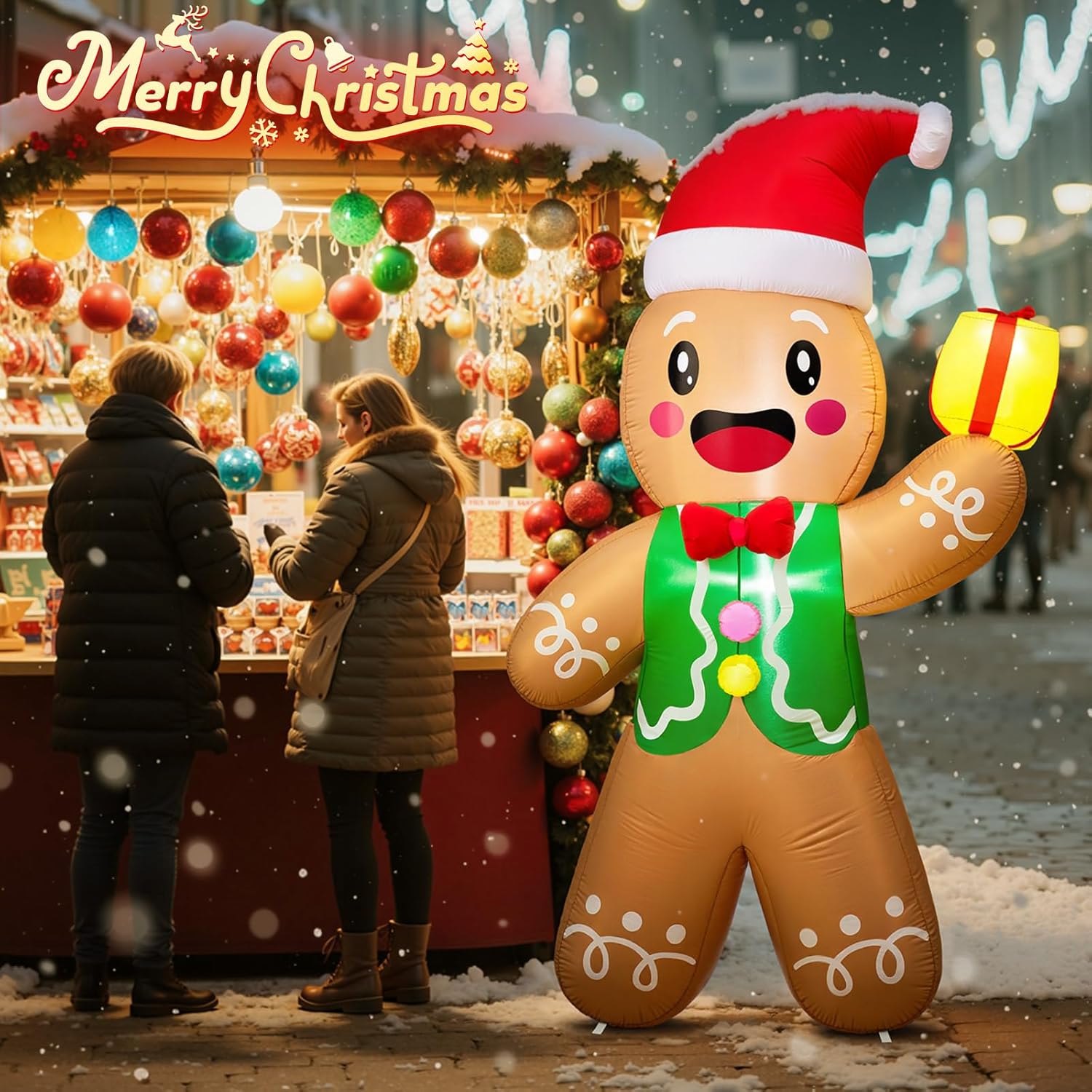 Inflatable gingerbread man with a Christmas hat in front of a festive market stall.