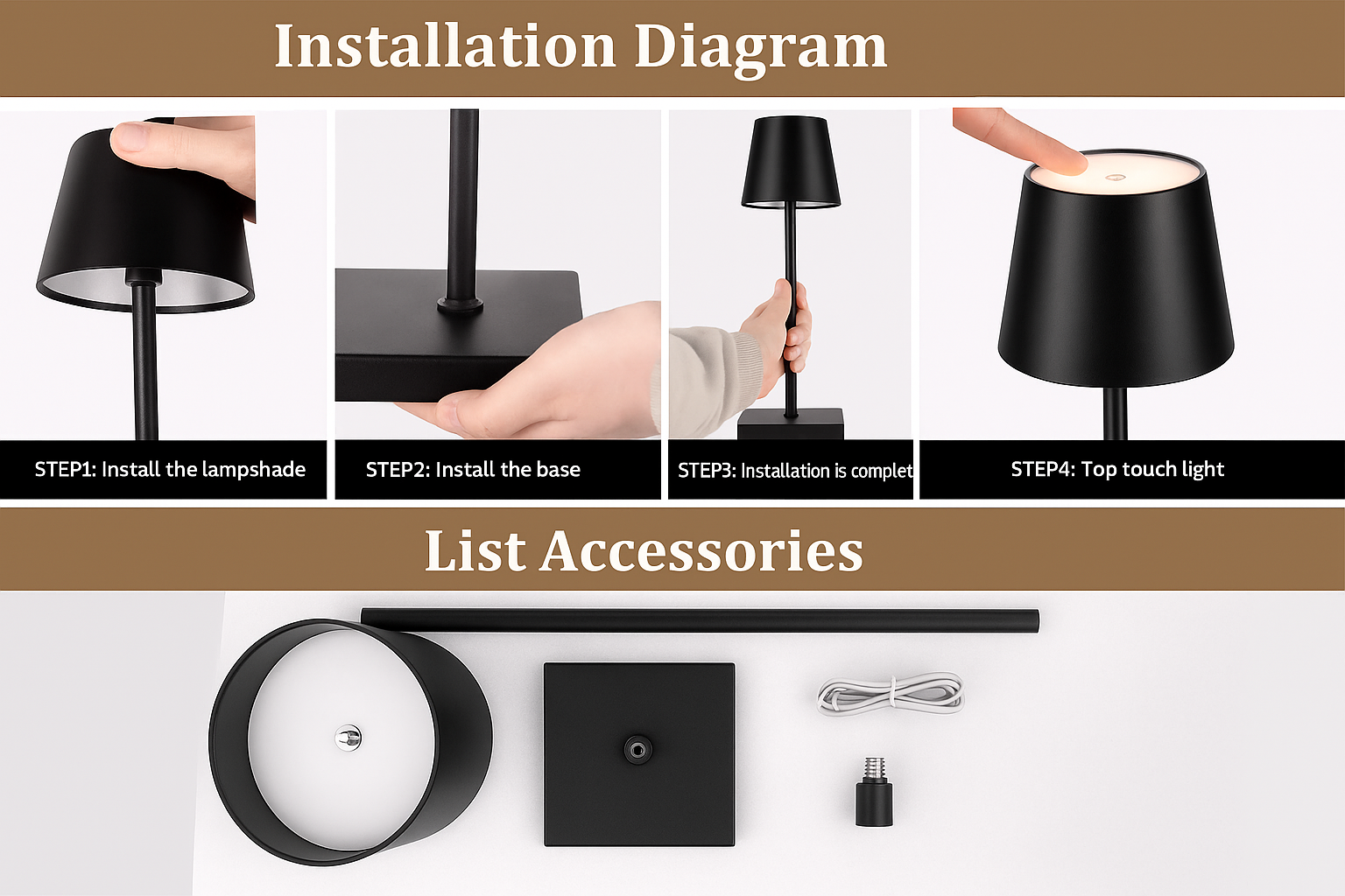 Installation diagram and list of accessories for a black lamp with step-by-step instructions.