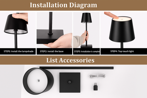 Installation diagram and list of accessories for a black lamp with step-by-step instructions.