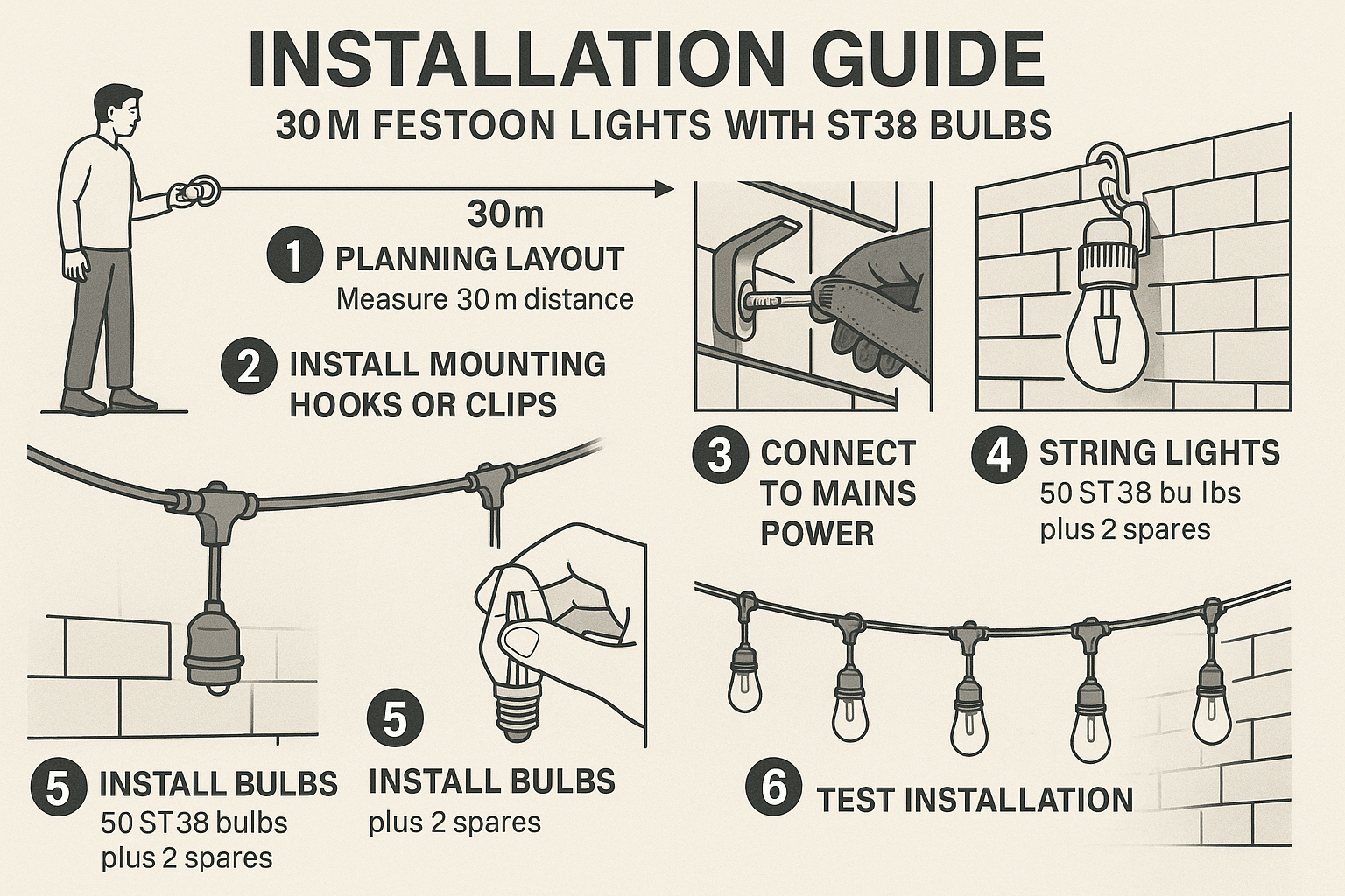 Installation guide for 30m festoon lights with ST38 bulbs on a beige background.