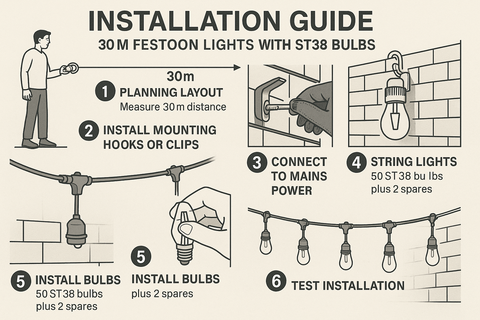Installation guide for 30m festoon lights with ST38 bulbs on a beige background.