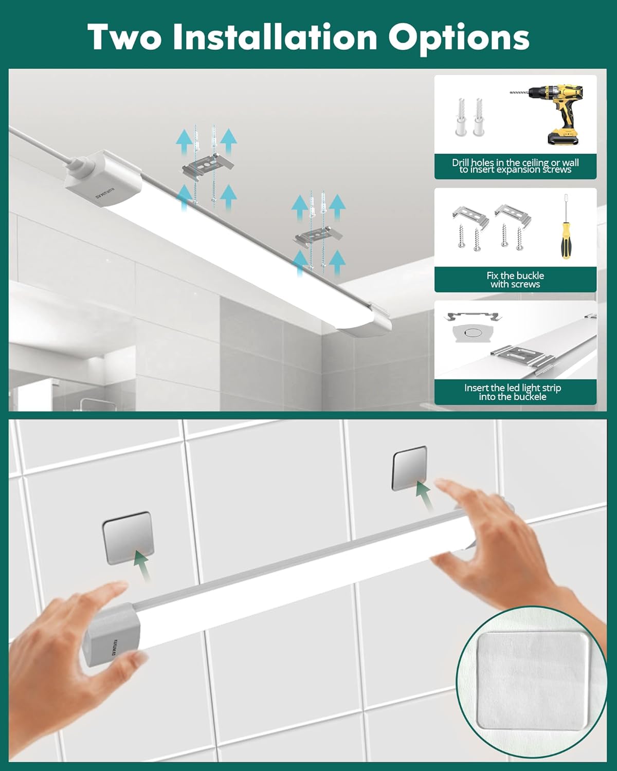 Installation guide for a LED strip light with two installation options on a tiled wall.