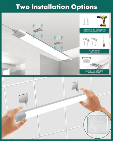 Installation guide for a LED strip light with two installation options on a tiled wall.