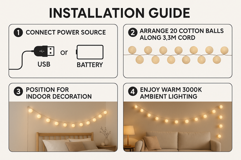 Installation guide for a string of lights with power source options and room decor examples.
