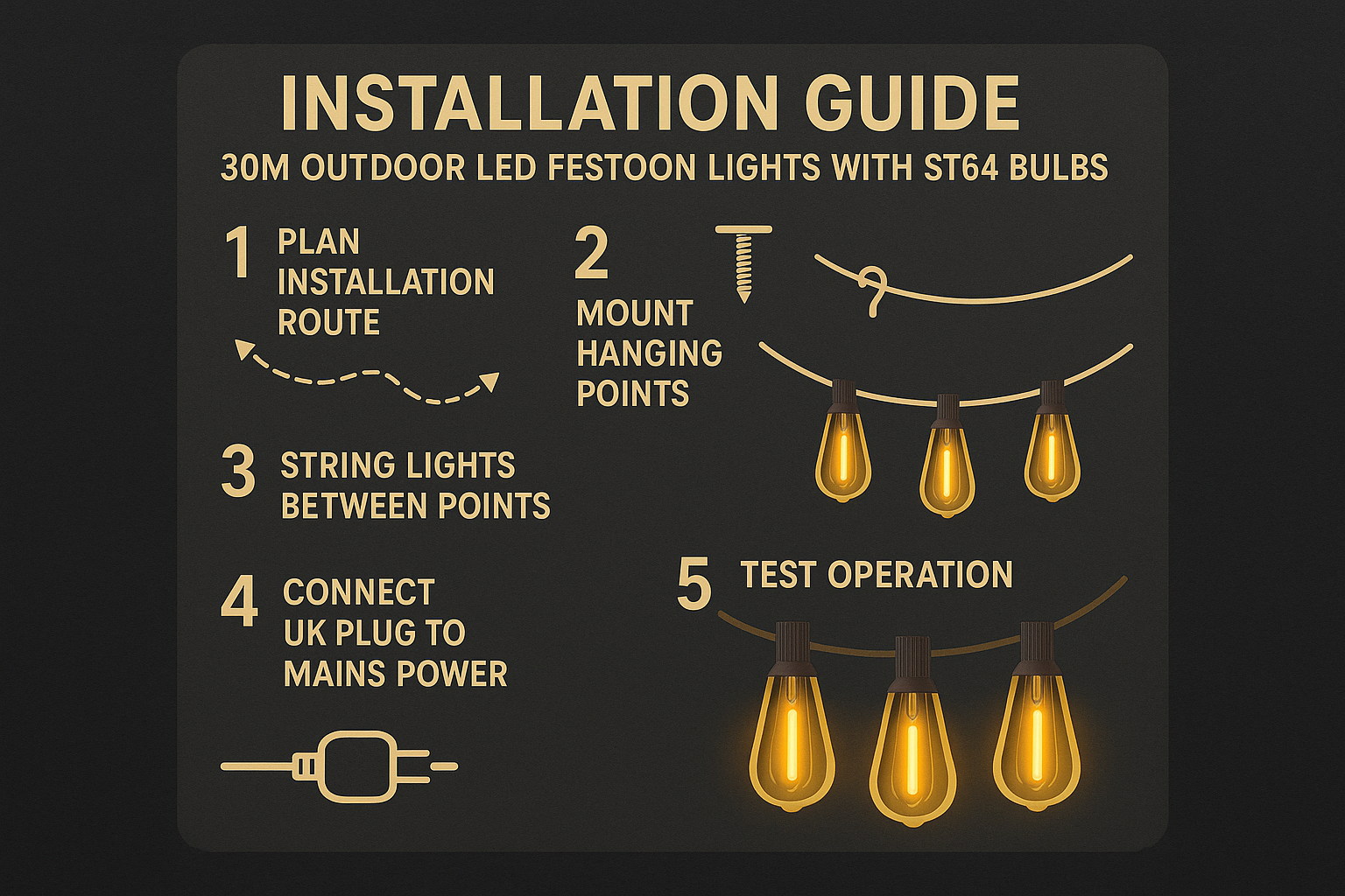 Installation guide for outdoor LED festoon lights with ST64 bulbs on a black background.