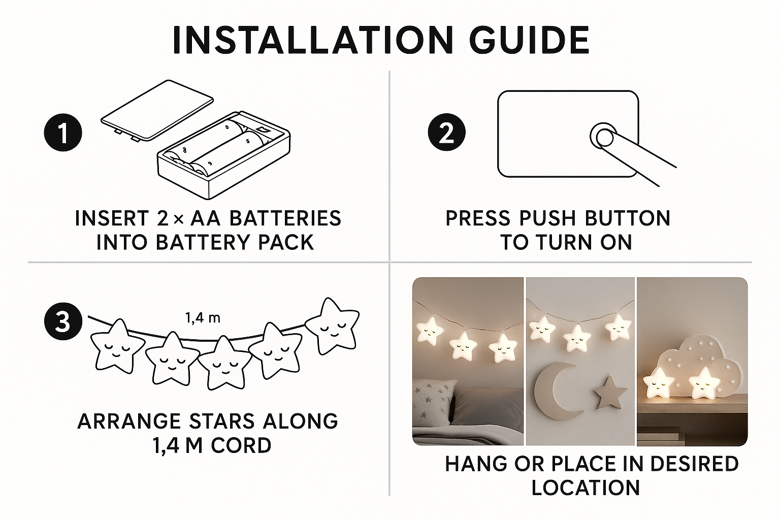 Installation guide for star-shaped string lights with step-by-step instructions.
