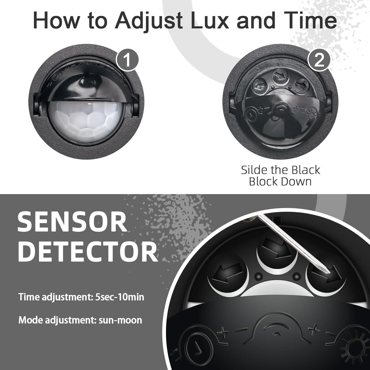 Instructions on how to adjust lux and time for a sensor detector with close-up views.