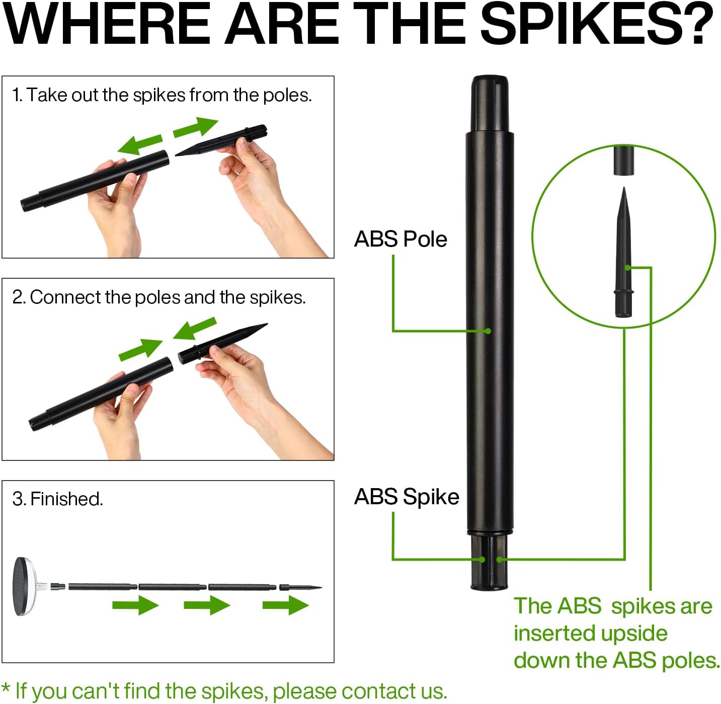 Instructions for assembling ski poles with spikes, showing hands holding poles and a diagram of the assembly process.