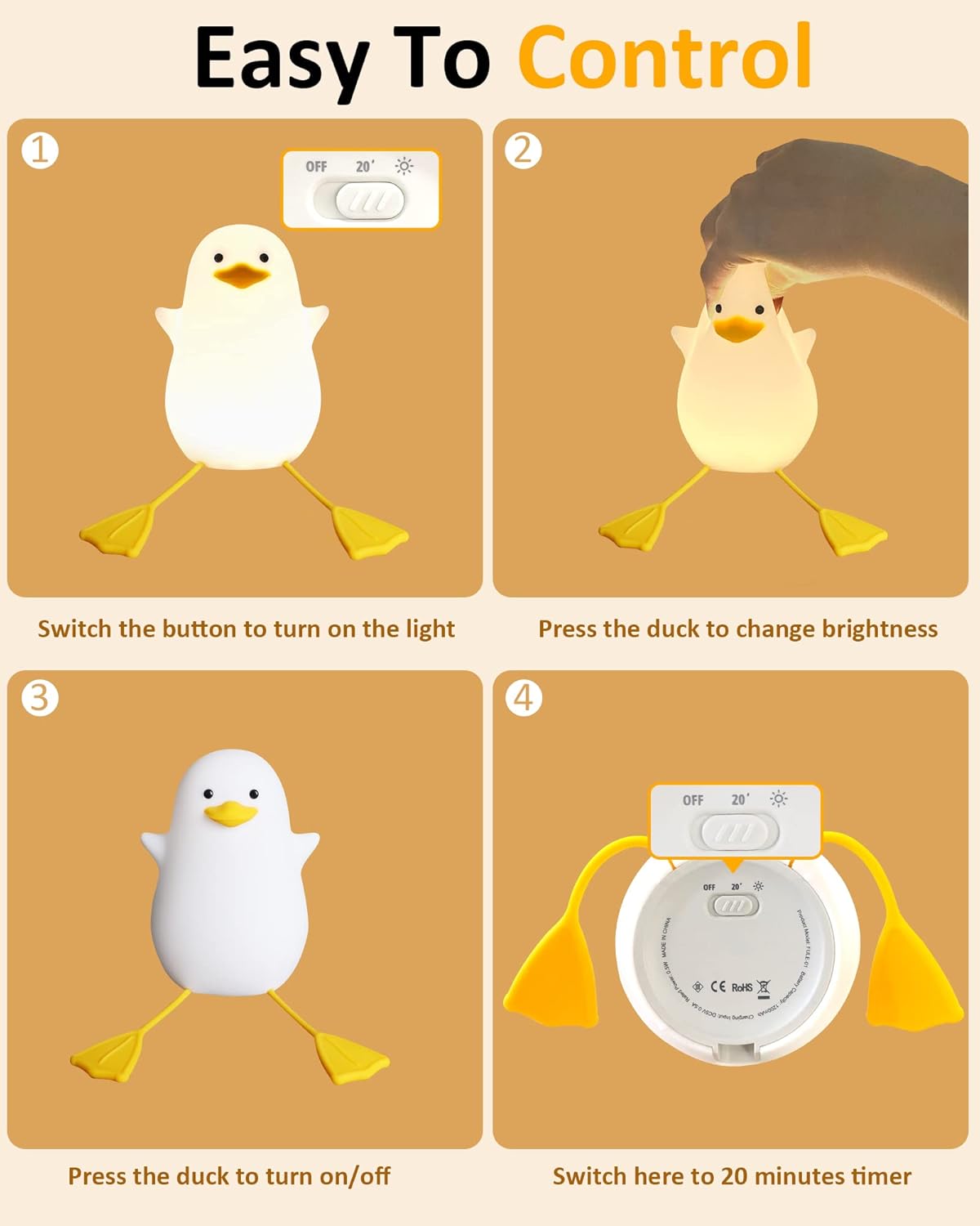 Instructions for controlling a duck-shaped light fixture on a beige background
