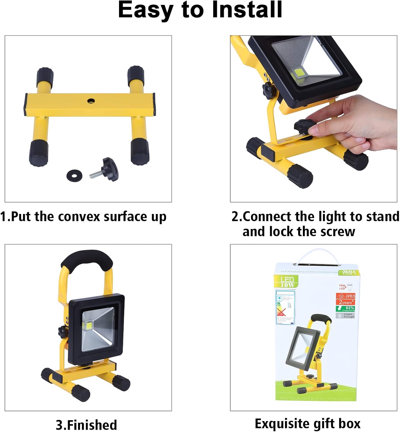 Instructions for installing a portable work light with a yellow stand and black light fixture.