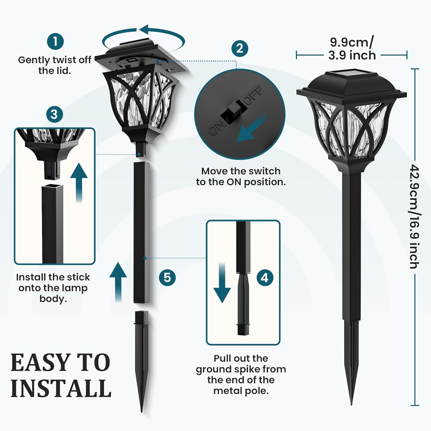 Instructions for installing a solar garden light with illustrations and measurements.