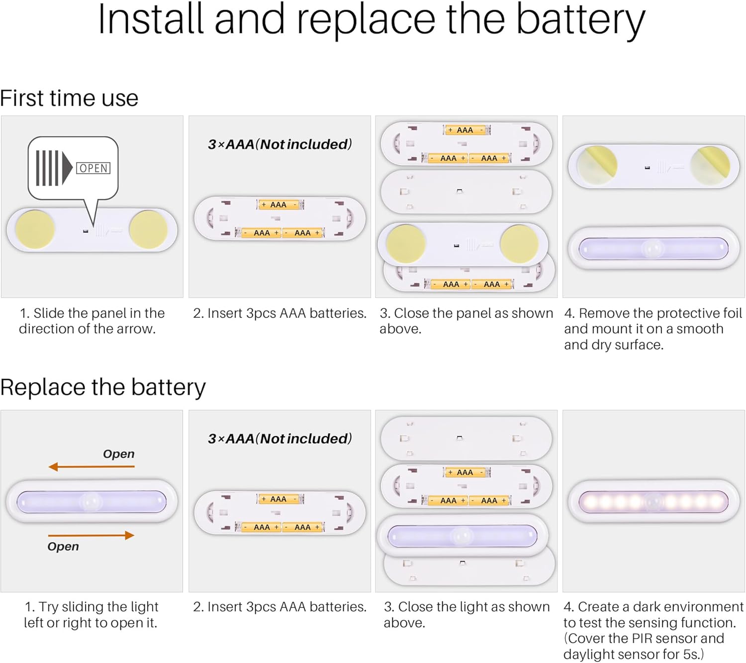 Instructions for installing and replacing a battery in a device.