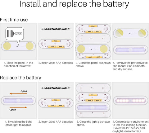 Instructions for installing and replacing a battery in a device.