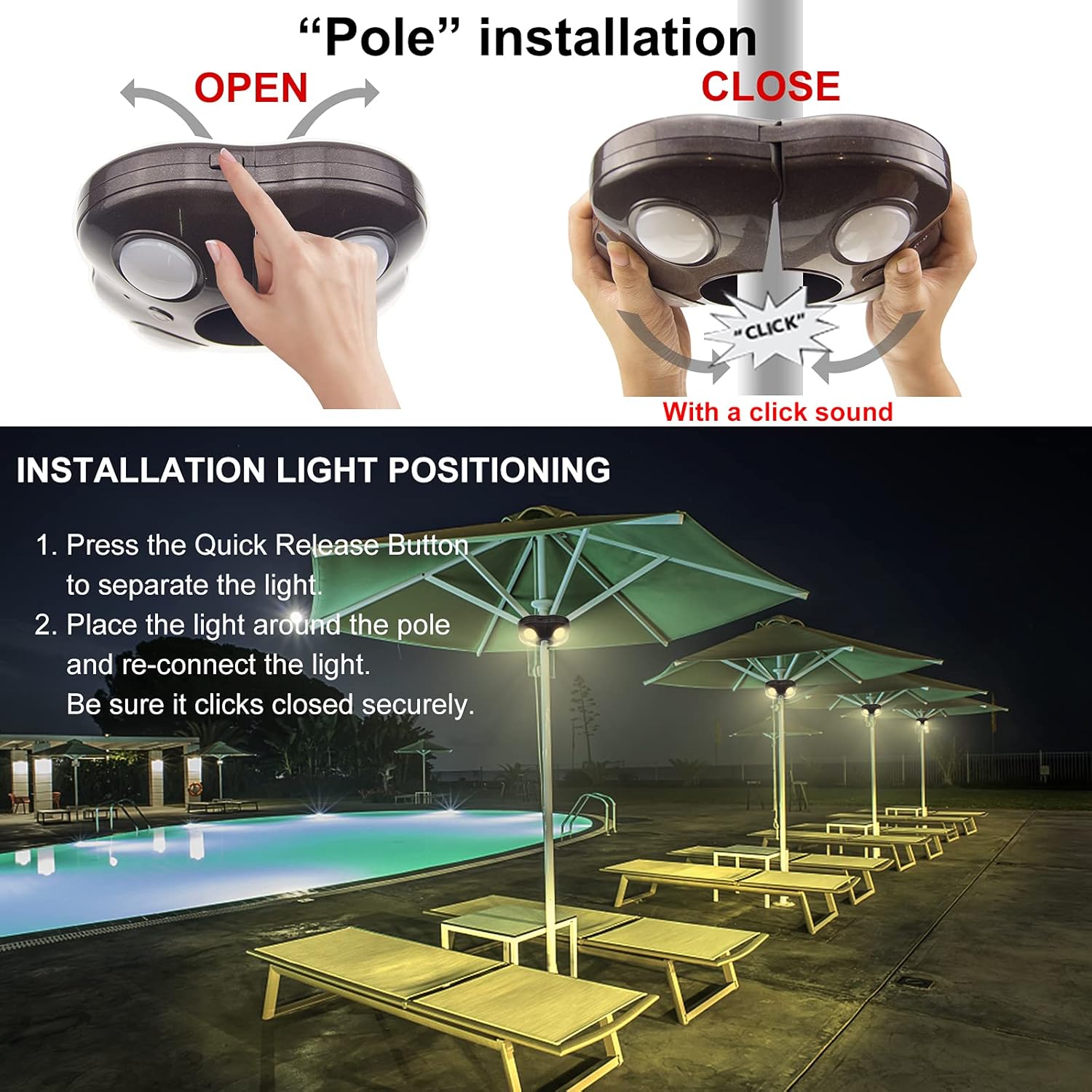 Instructions for installing outdoor lighting around a pool area with an umbrella.