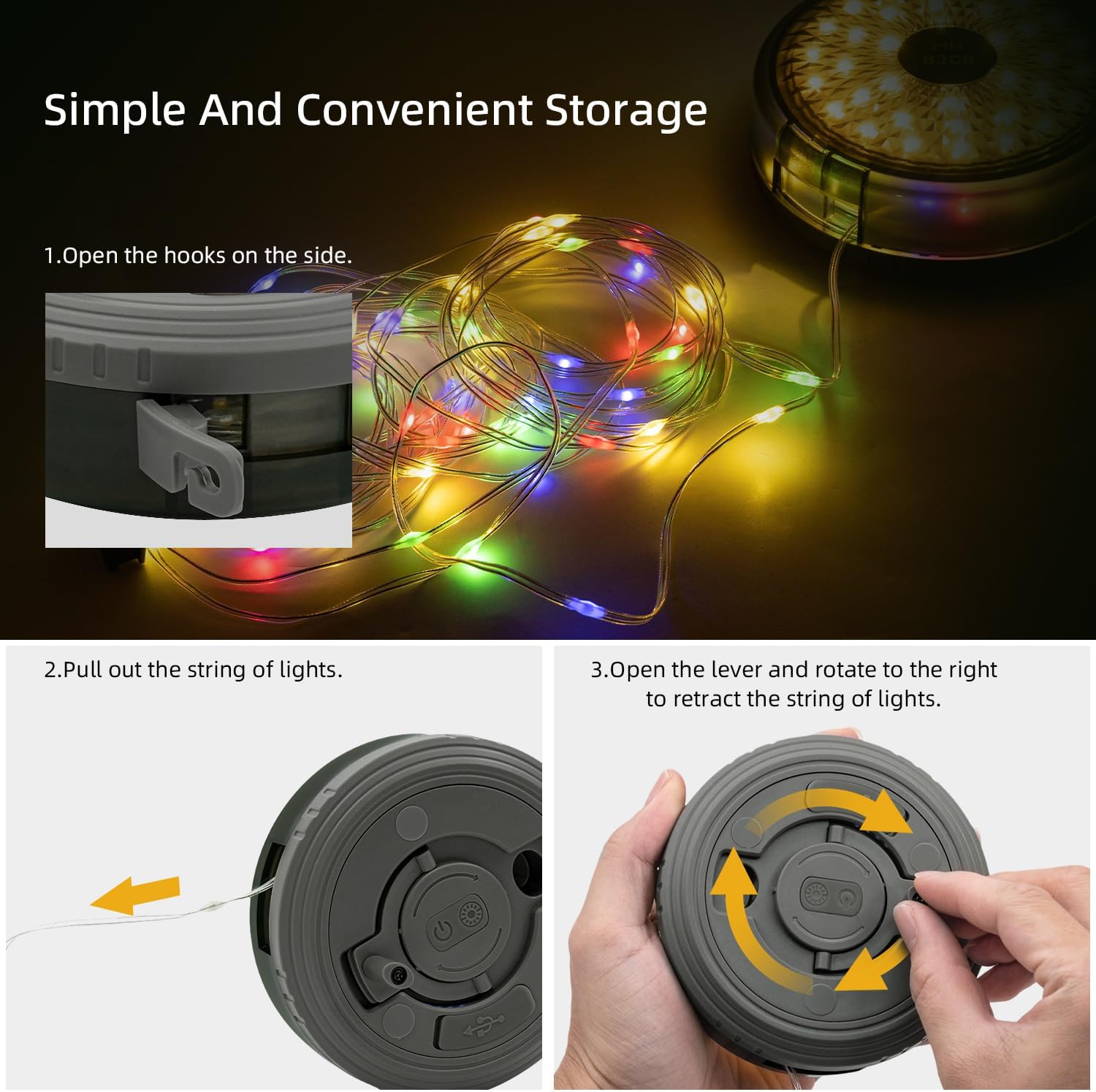 Instructions for storing a string of colorful lights with a clear focus on the storage mechanism.