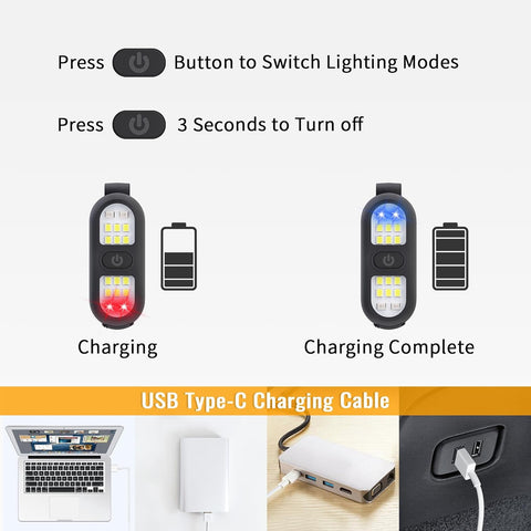 Instructions for using a LED light with charging cable and USB Type-C connection.