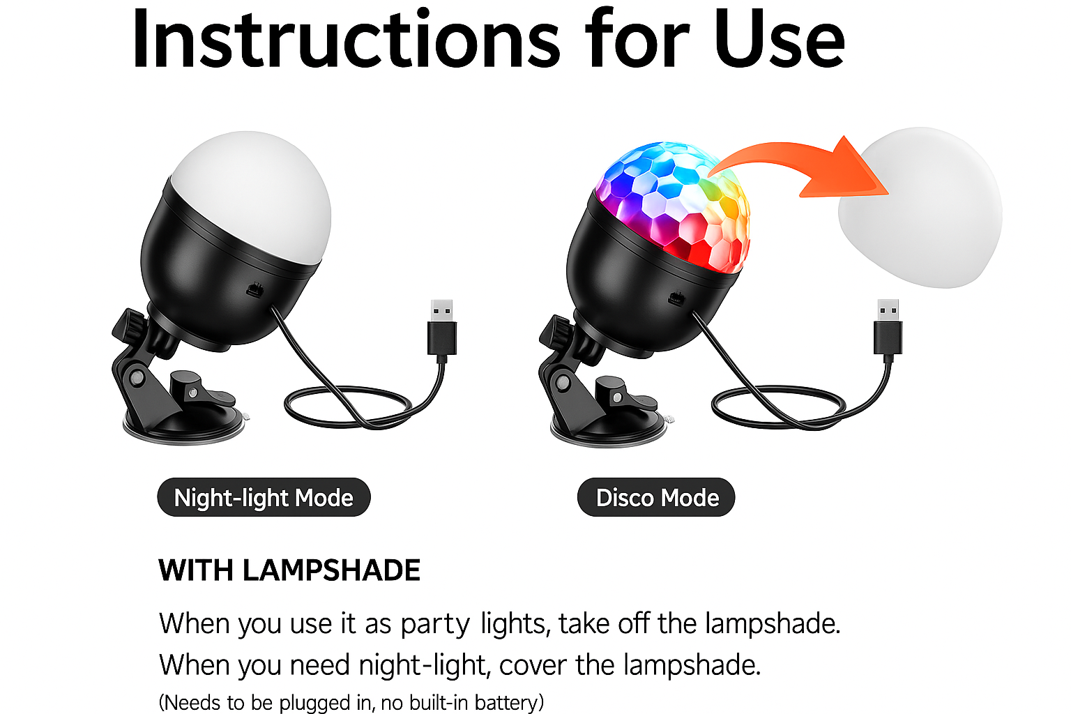 Instructions for using dual LED light bulbs with lampshade options on a white background.