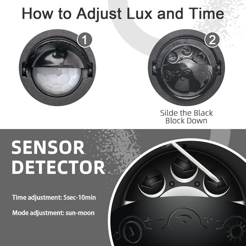 Instructions on how to adjust lux and time for a sensor detector with close-up views.