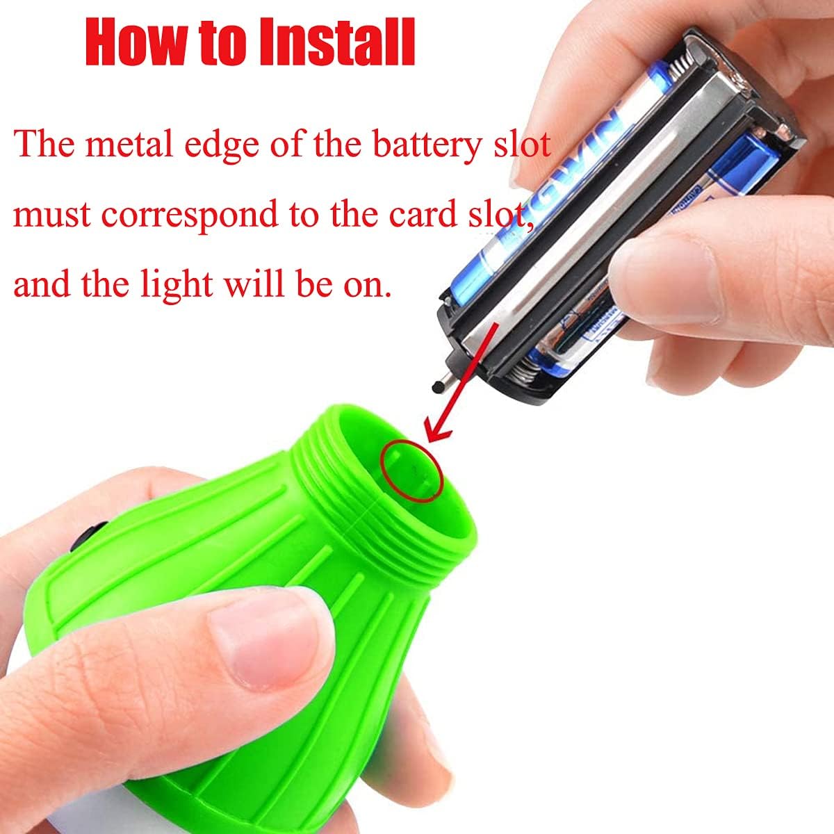 Instructions on how to install a battery into a green device with text overlay.