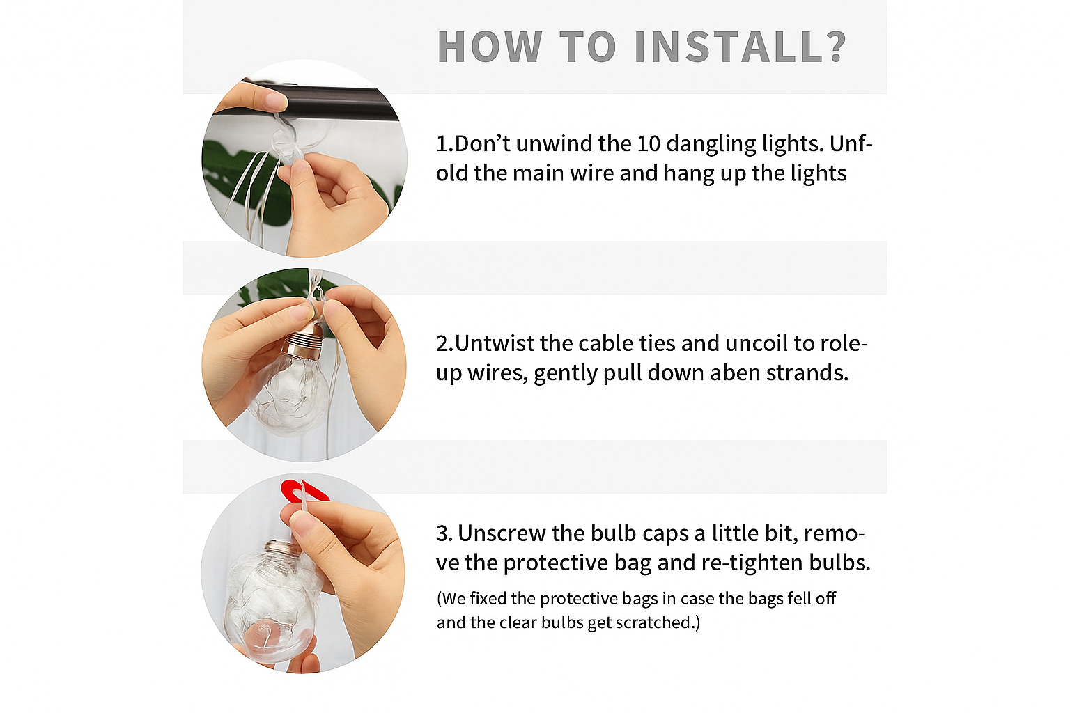 Instructions on how to install hanging lights with step-by-step guidance.