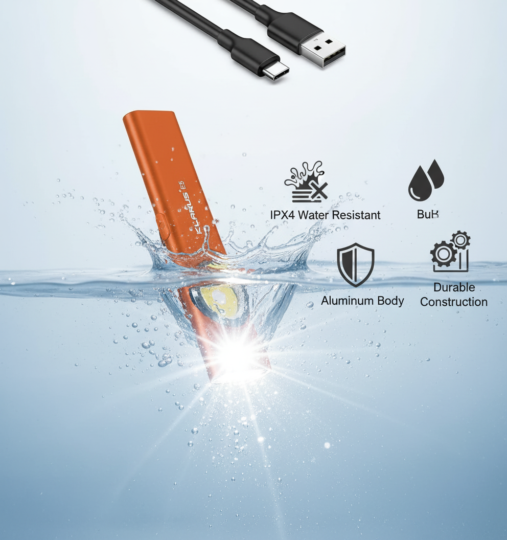 Orange LED light underwater with USB cable, water resistance icons, and text on a light blue background