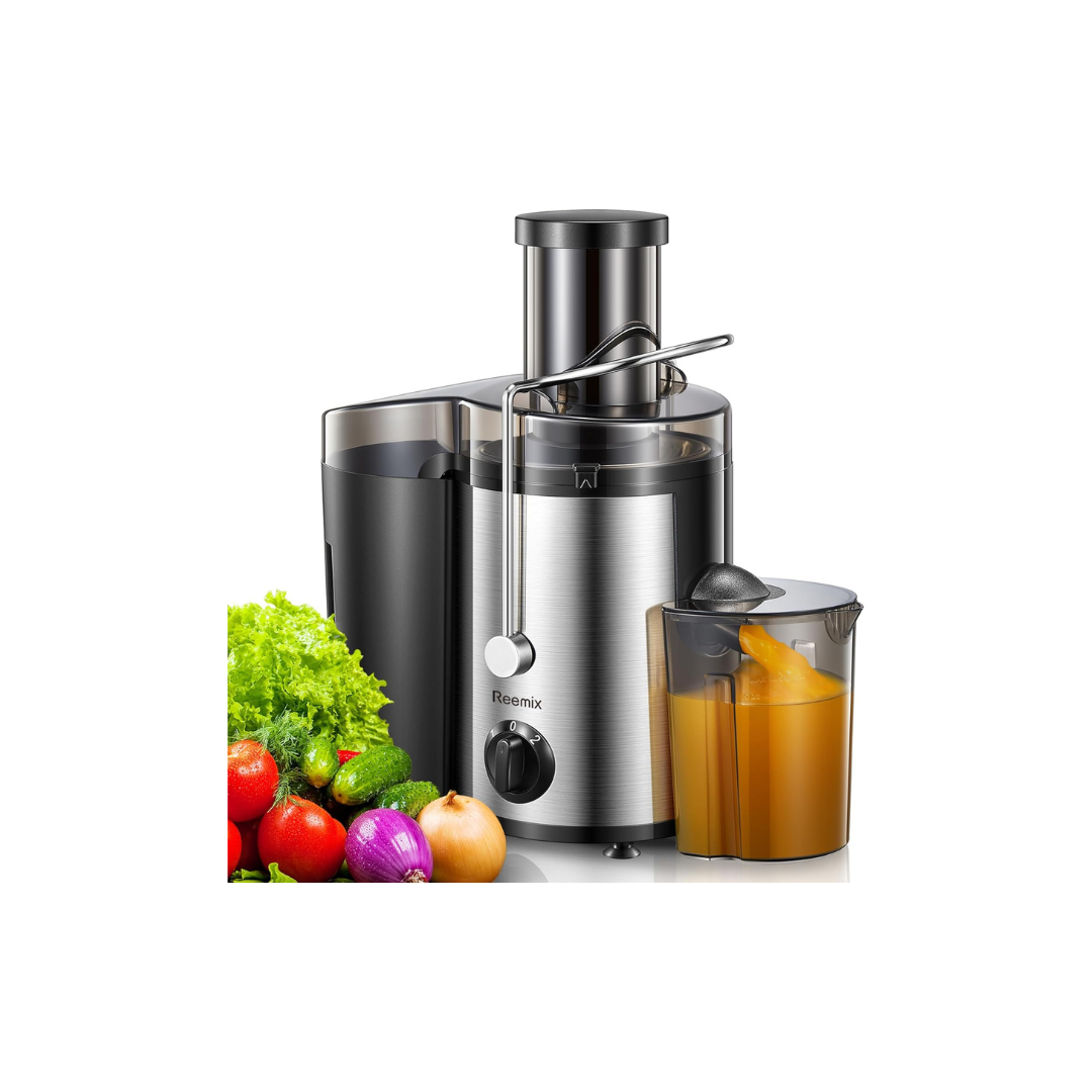 Juicer with a container of juice and fresh vegetables on a white background
