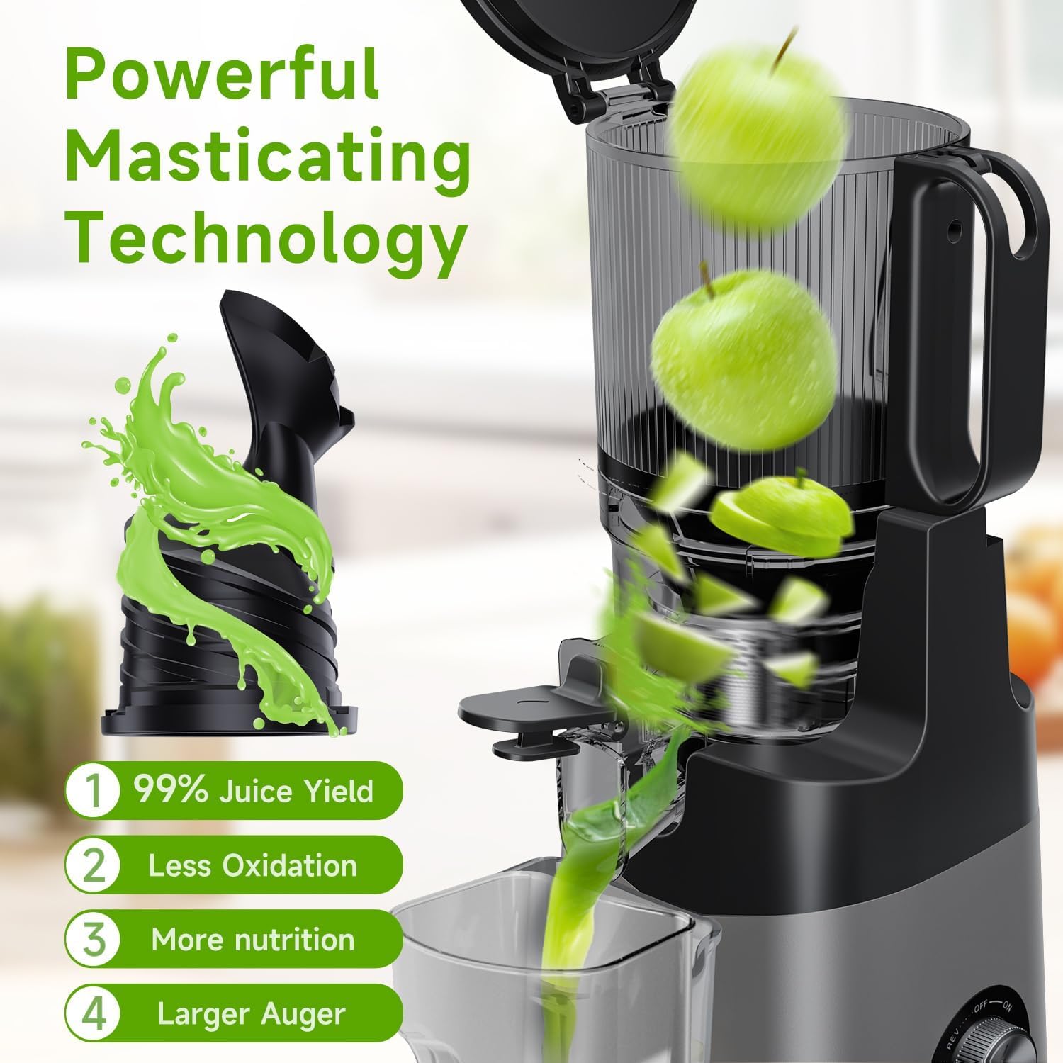 Juicer with apples being juiced, highlighting powerful masticating technology.