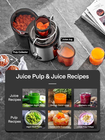 Juicer with pulp collector and juice jug on a gray surface, featuring juice recipes and pulps.