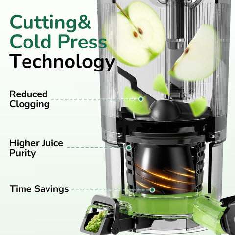 Juicer with sliced apples and text highlighting features like cutting and cold press technology.