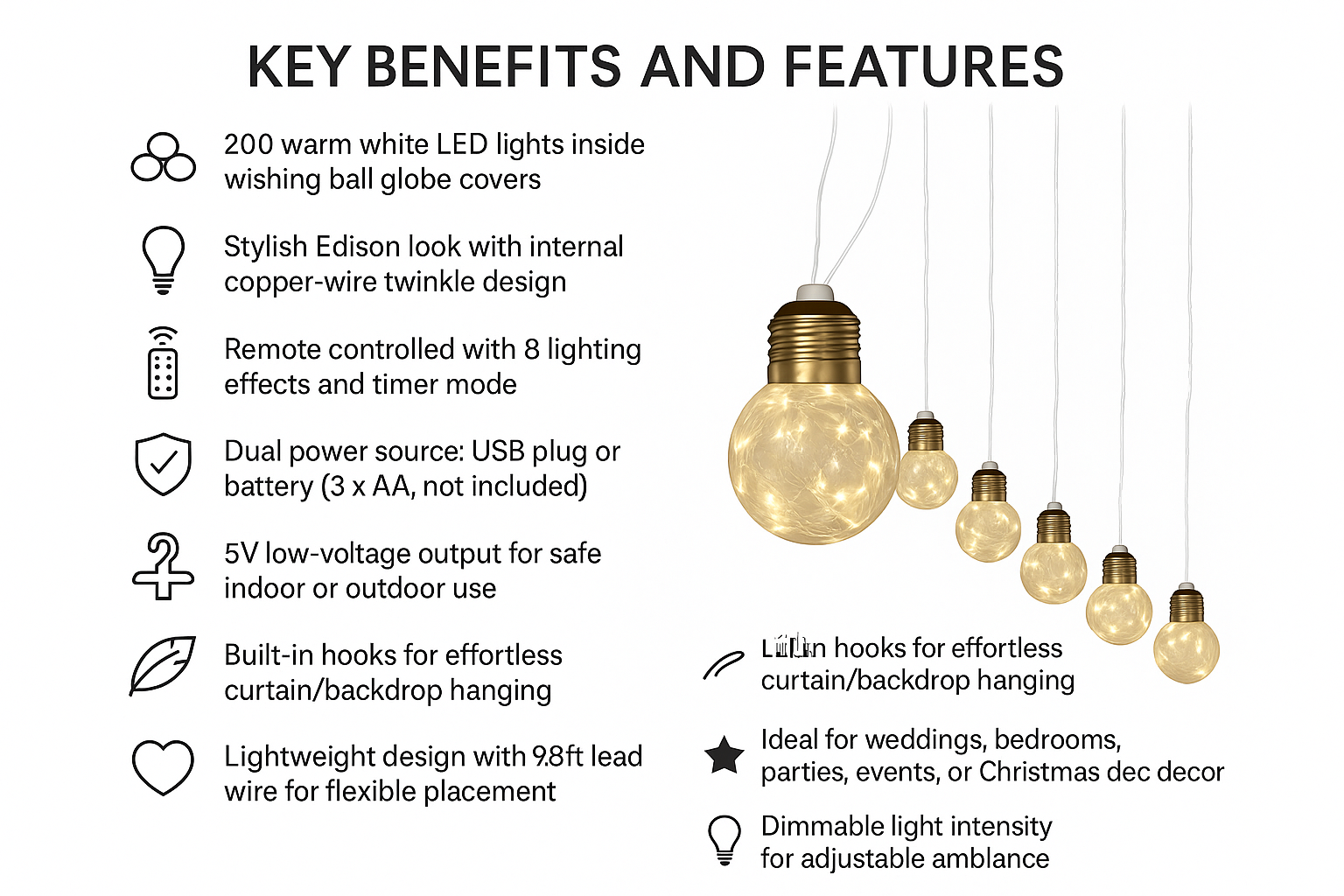 Key benefits and features of a decorative light system with LED lights and Edison-style design.