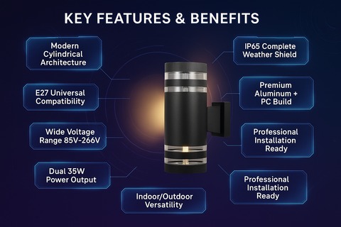 Key features and benefits of a cylindrical light fixture on a dark background