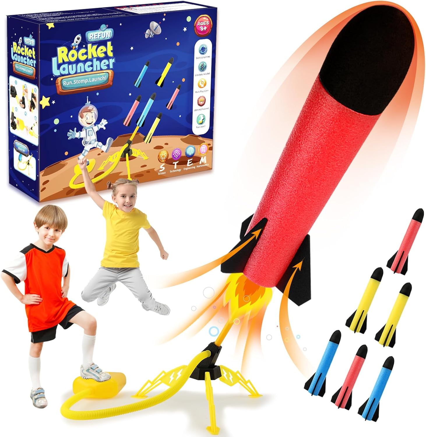 Kids rocket launcher toy with 6 soft foam rockets for outdoor play