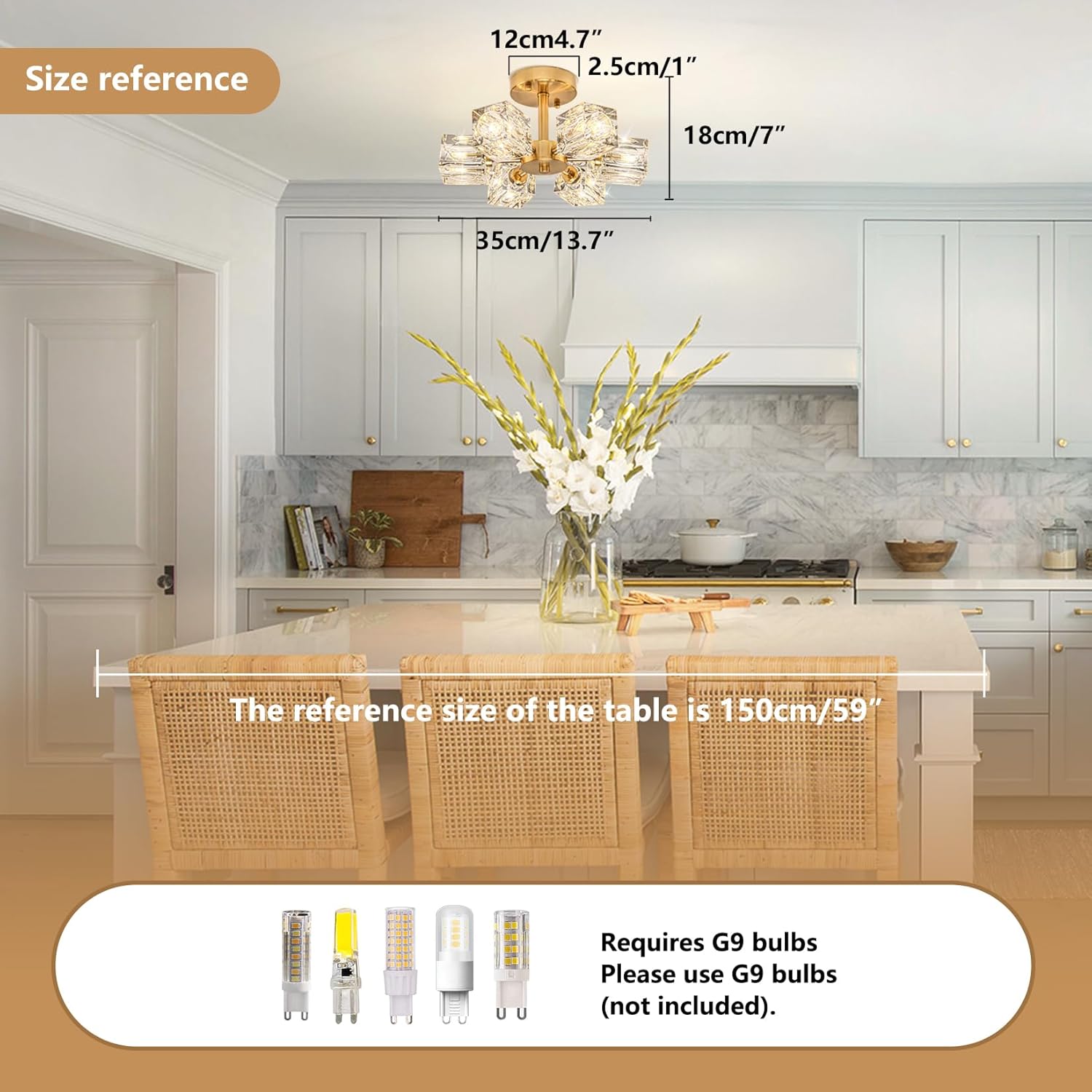 Kitchen interior with a table, chairs, and decorative elements, including a size reference for the table.