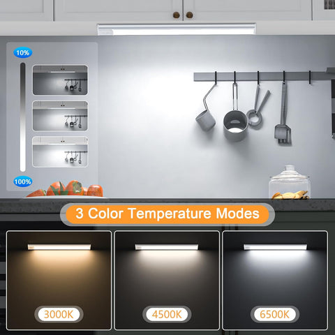 Kitchen scene with a light fixture showing 3 color temperature modes on a gray wall.