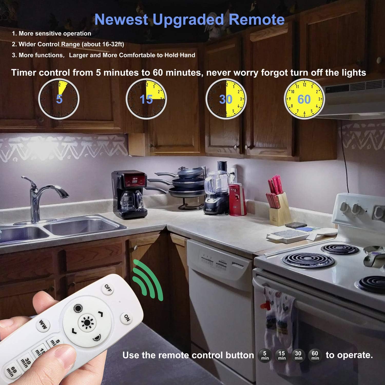 Kitchen scene with a remote control held by a hand, displaying timer functions.