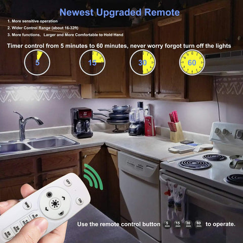 Kitchen scene with a remote control held by a hand, displaying timer functions.
