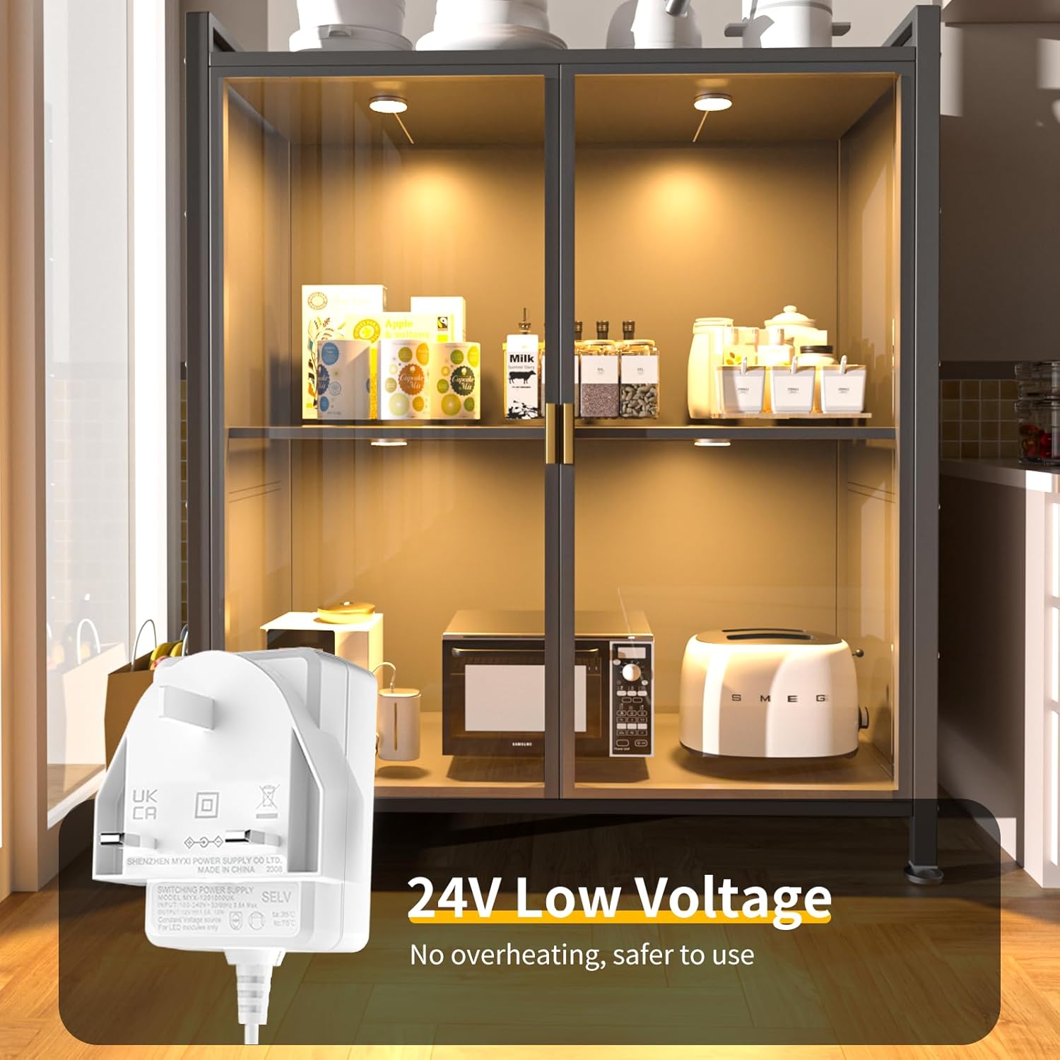 Kitchen shelf with appliances and a 24V low voltage adapter highlighted.