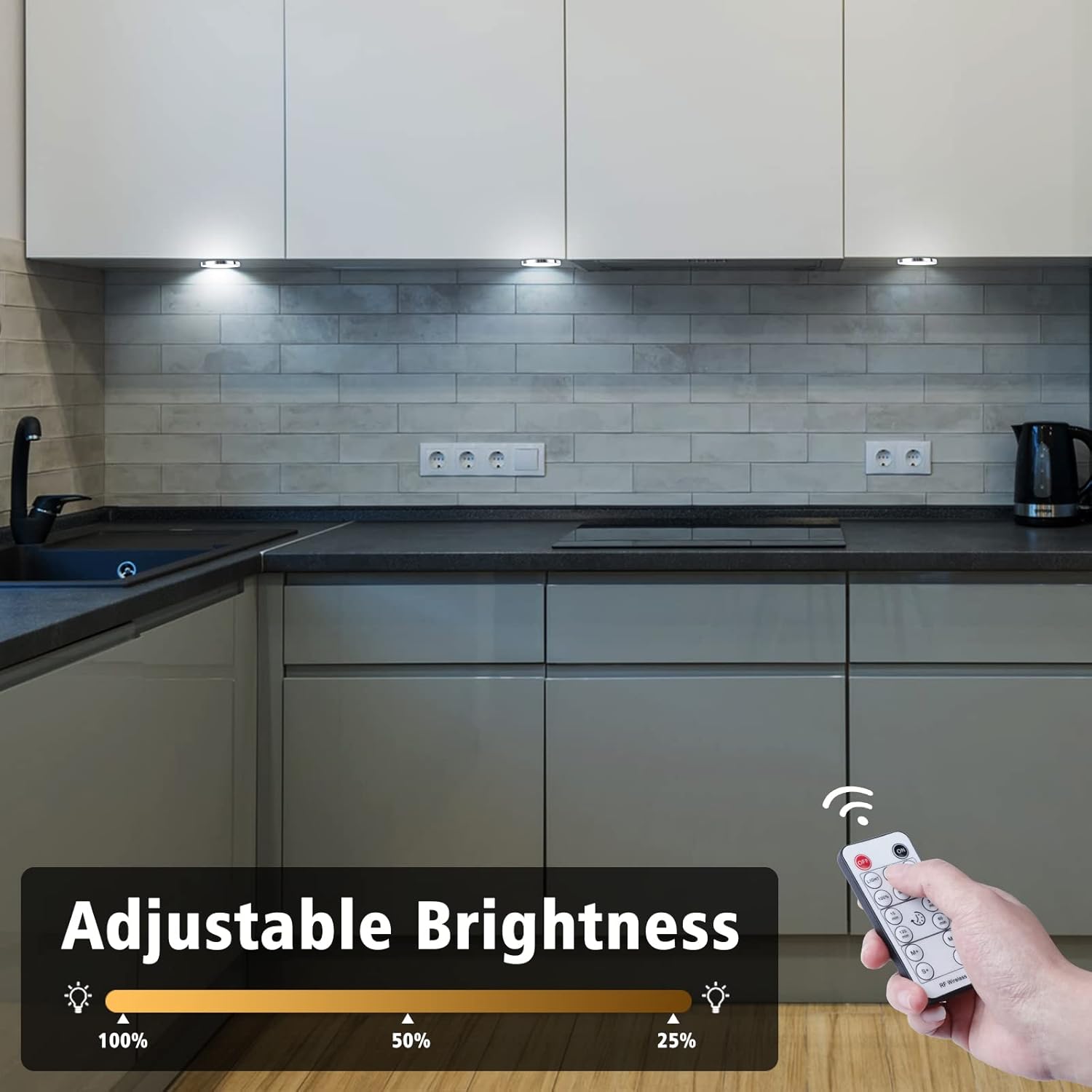 Kitchen with adjustable brightness feature shown on a remote control