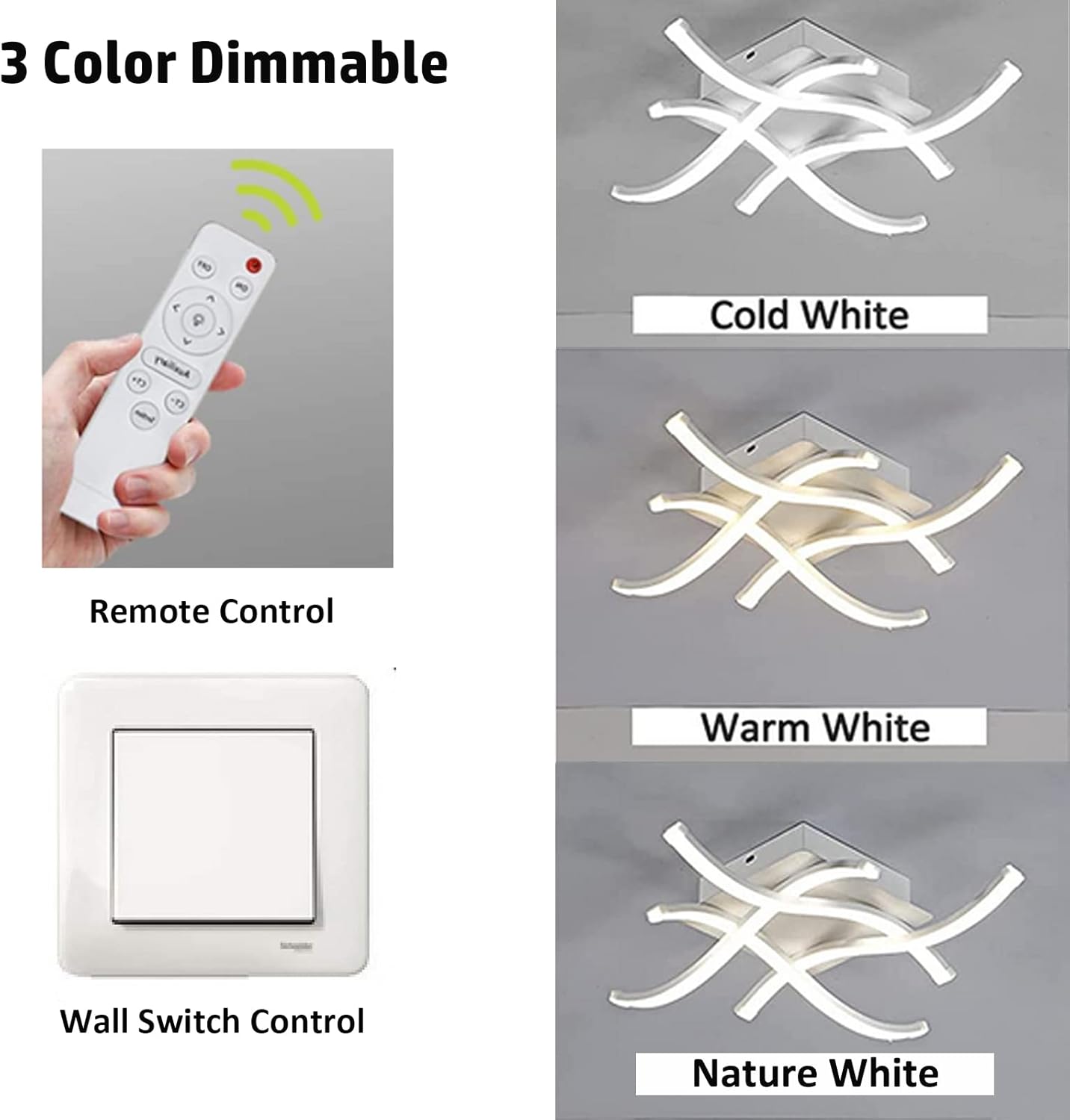 LED Ceiling Light Dimmable Elegant Curved Design LED Ceiling Lamp 4 Built-in LED Boards 24W 2000lm Modern Metal Ceiling Lighting Fixture for Living Rooms Bedrooms