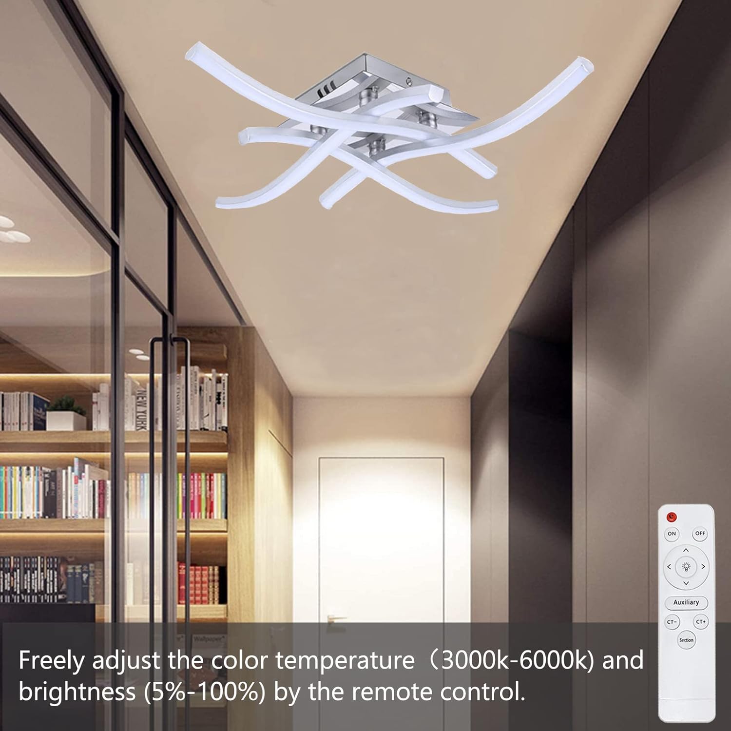 LED Ceiling Light Dimmable Elegant Curved Design LED Ceiling Lamp 4 Built-in LED Boards 24W 2000lm Modern Metal Ceiling Lighting Fixture for Living Rooms Bedrooms