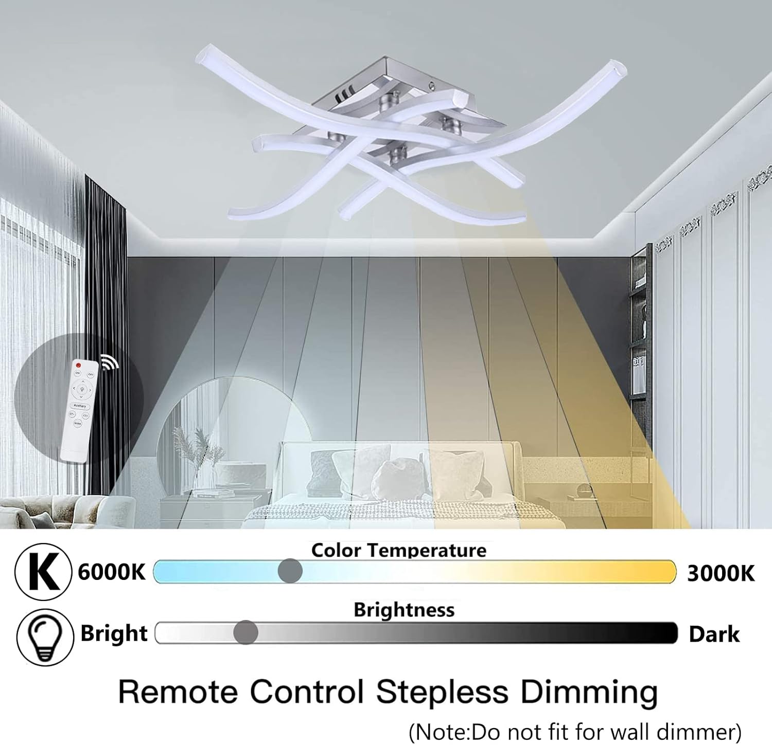 LED Ceiling Light Dimmable Elegant Curved Design LED Ceiling Lamp 4 Built-in LED Boards 24W 2000lm Modern Metal Ceiling Lighting Fixture for Living Rooms Bedrooms