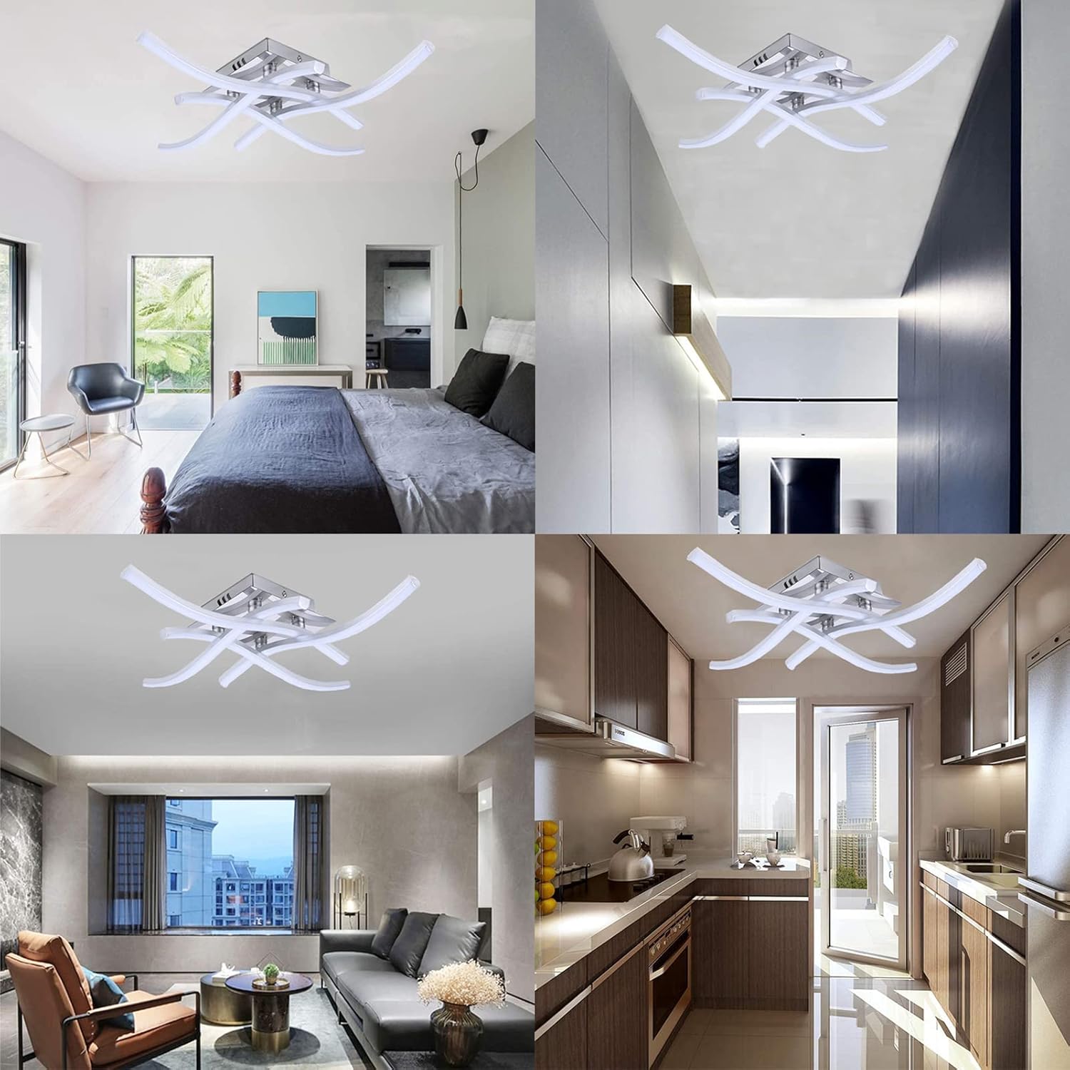 LED Ceiling Light Dimmable Elegant Curved Design LED Ceiling Lamp 4 Built-in LED Boards 24W 2000lm Modern Metal Ceiling Lighting Fixture for Living Rooms Bedrooms