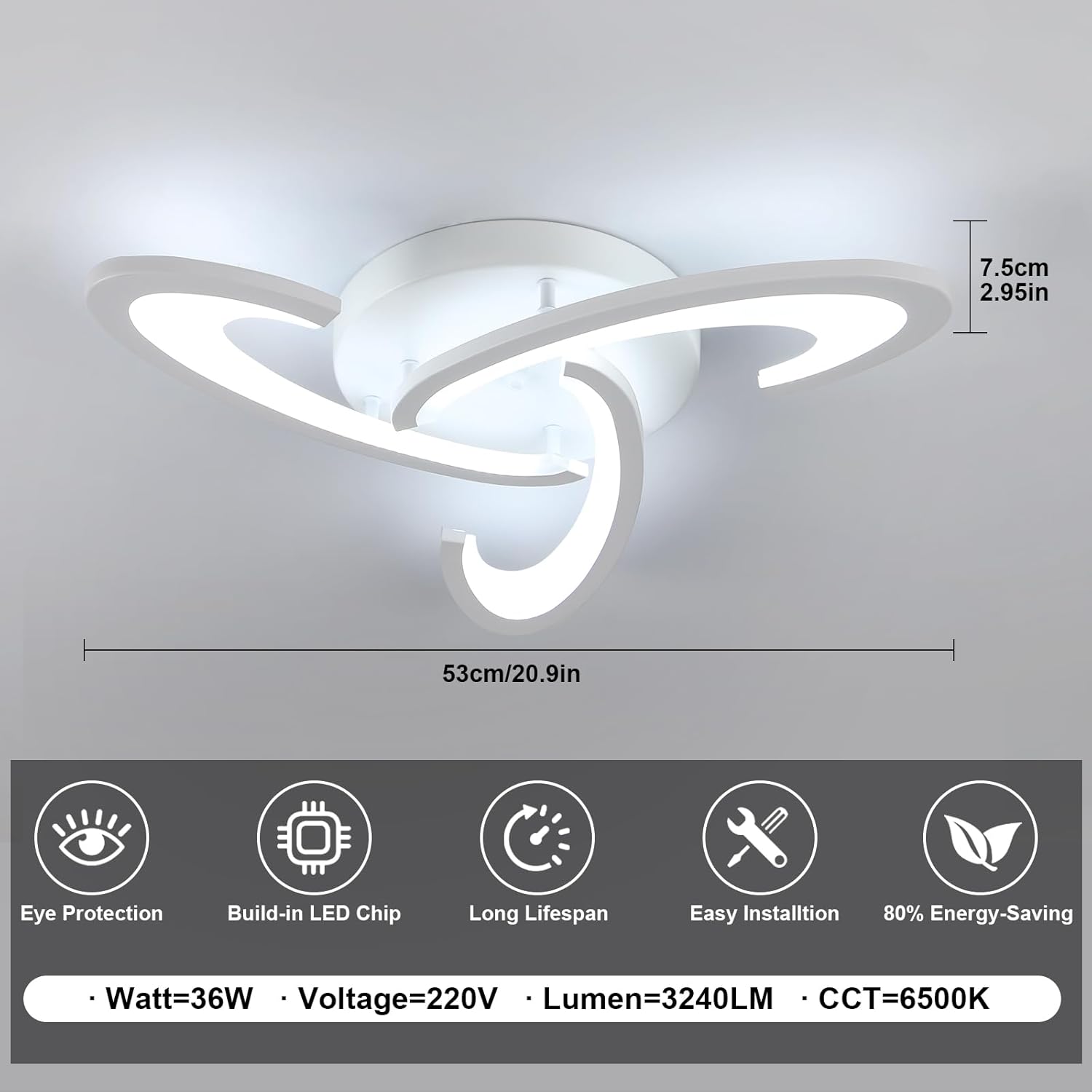 Close-up of White Acrylic LED Ceiling Light with 6500K Cool White Glow

