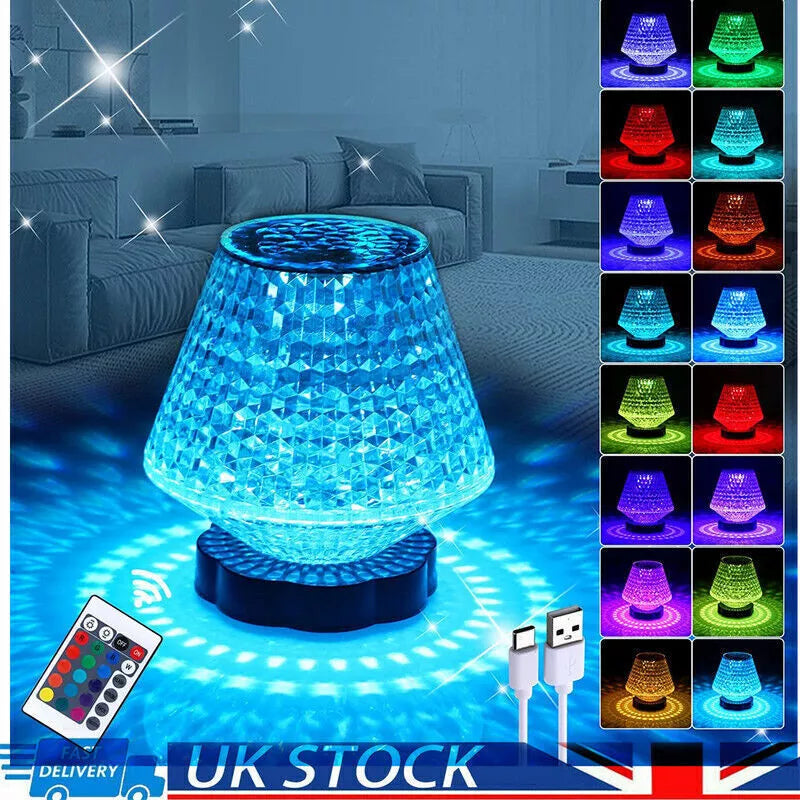 LED Crystal Table Lamp, 16 Colours, 4 Modes, Rose Diamond Bedside Lamp with Touch and Remote Control, USB Charging, Dimmable Colour Changing Night Light for Bedroom, Living Room, Golden
